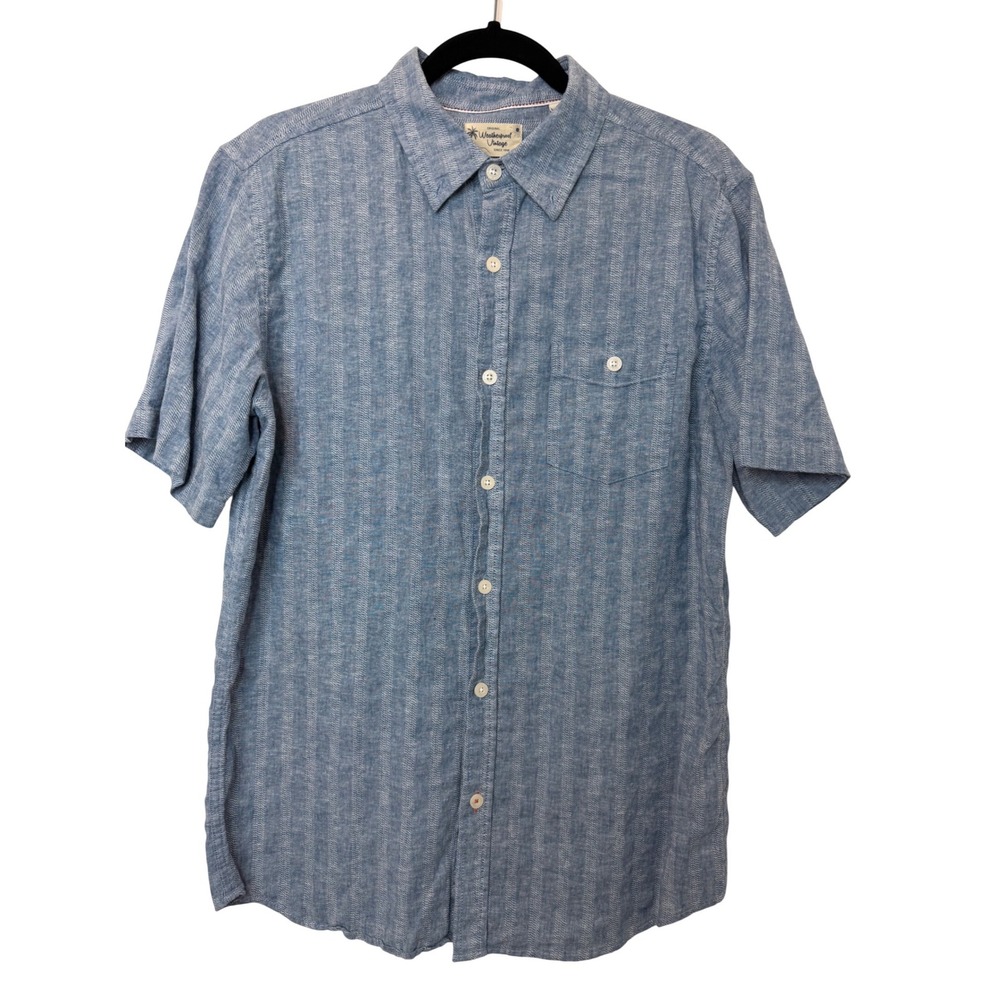 Weatherproof Vintage Mens Blue Linen Blend Striped Short Sleeve Button Down Sz M